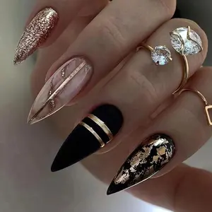 1 Box Long Almond Glitter Gold Foil Decor Fake Nail with Tool, Women Girls DIY Manicure, Elegant Press On Fake Nail Kit, Manicure Accessories, Press On Nails