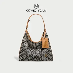 CÔWEC YCAKI Unisex Hobo Tote Handbag, Large Capacity Shoulder Crossbody Purse with Adjustable Strap, Jacquard & Genuine Cowhide Hybrid Design, for Work Travel & Daily Use