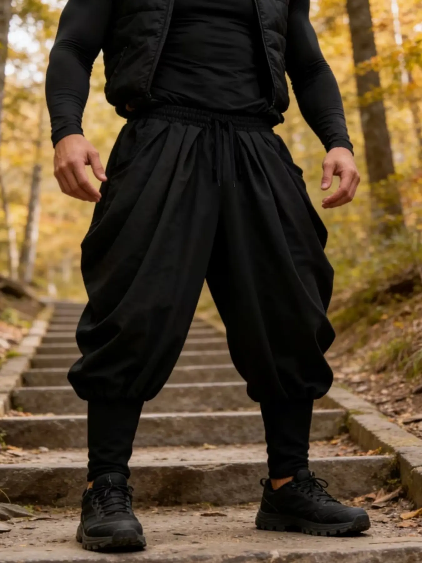 Men's American Polyester Ninja Pants, Loose Harlan Style, Elastic Waist Drawstring, Streetwear Casual Long Pants, Oversized, Spring & Fall