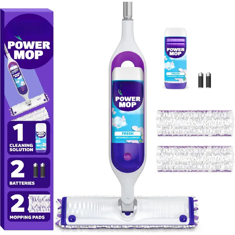 Mopping Kit for Floor Cleaning, Set Includes 1 Power Mop, 2 Replacement Pads, 1 Liquid Solution Refill, 2 Batteries, No Bucket Needed Electric Spray Cleaner, Multi-Surface and Wood
