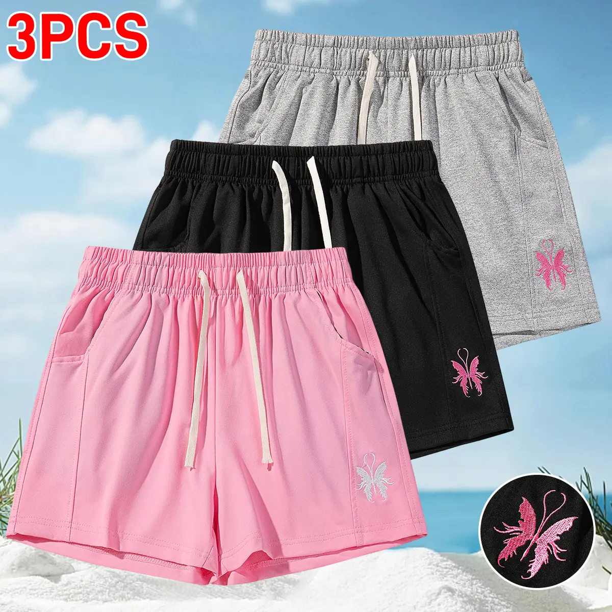 New summer casual women’s shorts: white elastic shorts with a drawstring waist and side pockets; comfortable, versatile, and stylish with a butterfly print—suitable for indoor wear, outdoor hiking, and the gym.
