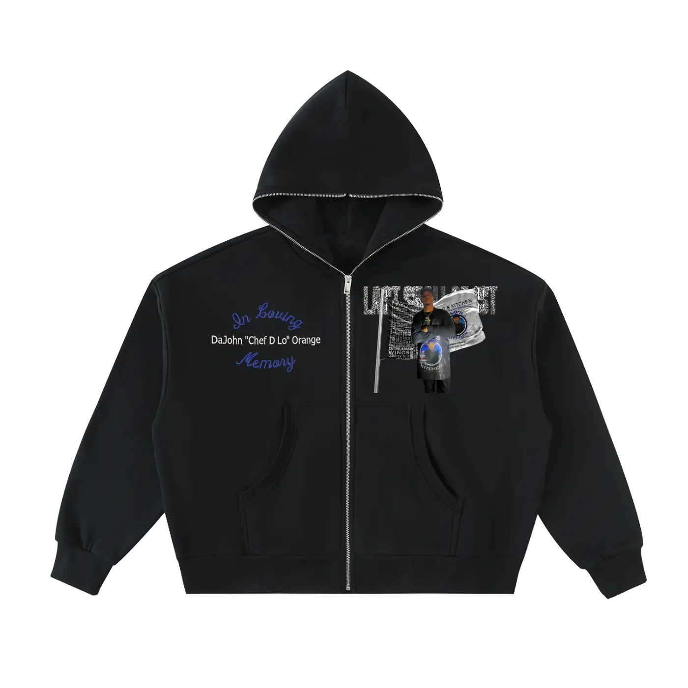 LS31st x D-Lo's Kitchen "Hometown Hero" Menswear Cotton Casual Fleeced Full-Zip Boxy Hoodie, Men's Apparel Sweatshirt
