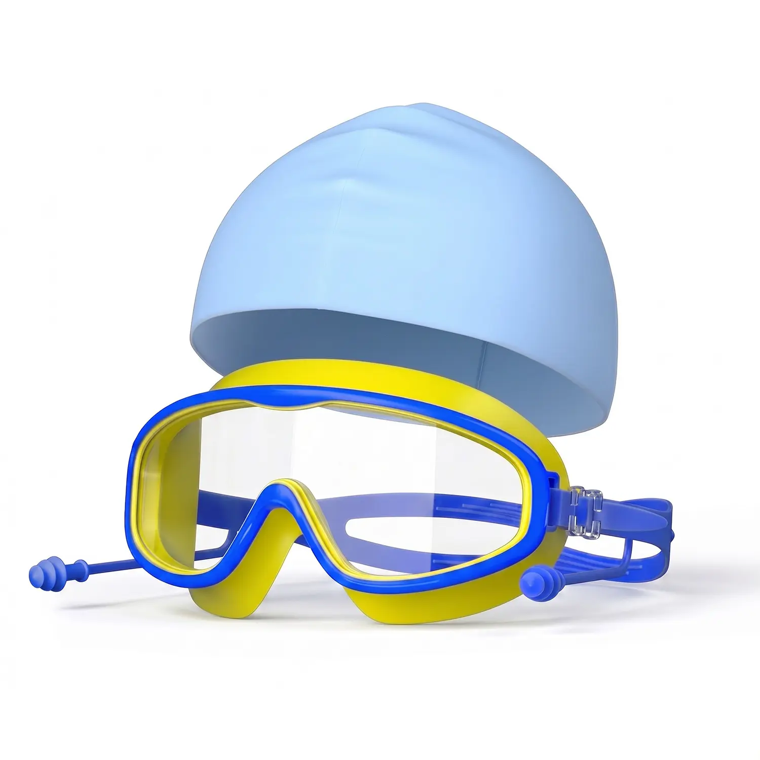 Children's Swim Goggles and Cap Set - Goggles for Swimming, Swim-Friendly Anti-Fog Panoramic Pair with Attached Earplugs, Soft Silicone Seal, Adjustable Strap for 3-16 Year-Olds, Pool Lessons, Water Play, Swim-Friendly Swimming Goggles