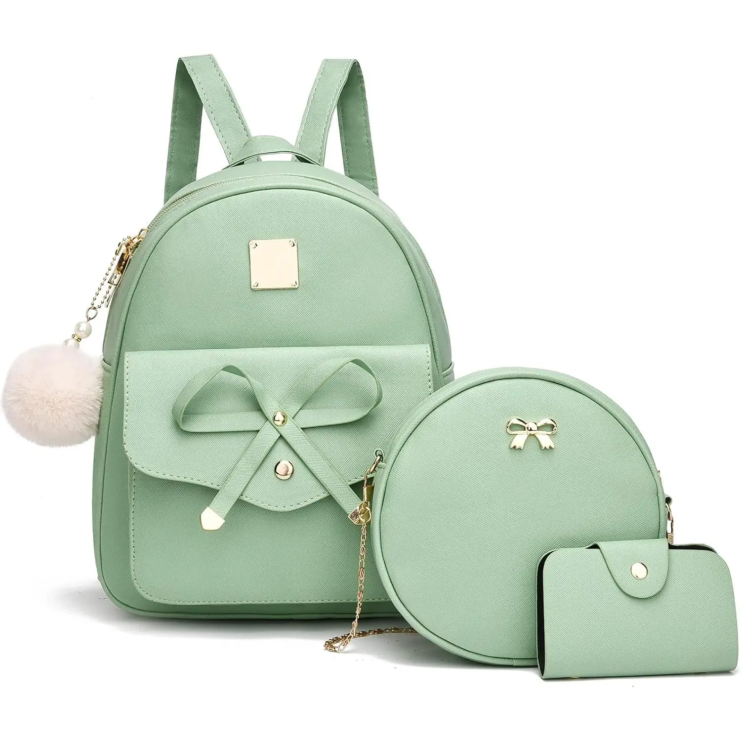 Grls Bowknot 3-Peces Fahson Leather Backpack Backpack Purse for Women Rucksack for Lades  Bag