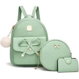 Grls Bowknot 3-Peces Fahson Leather Backpack Backpack Purse for Women Rucksack for Lades  Bag