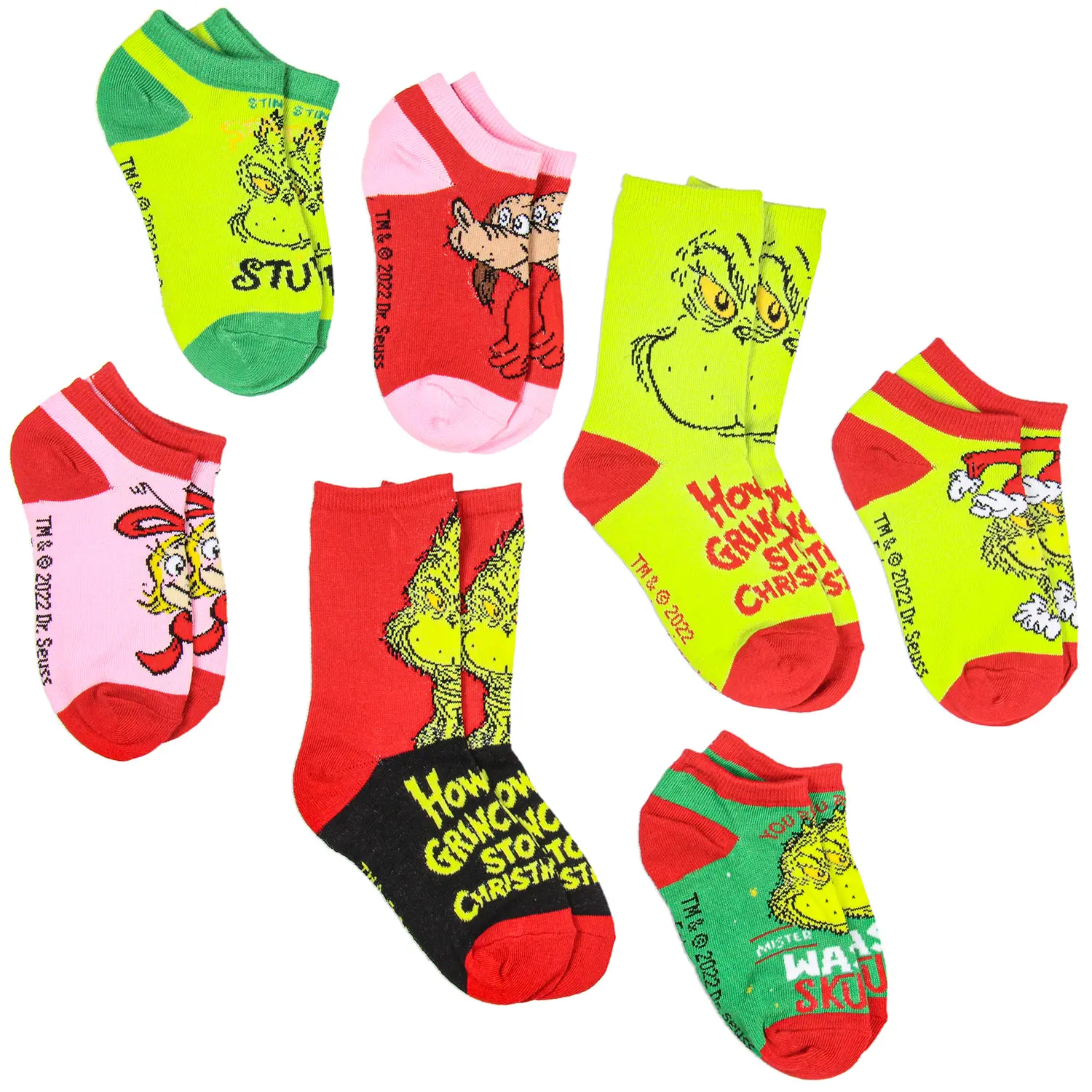 Dr. Seuss' The Grinch Kids 7-Pair Graphic Socks, Ankle & Crew Mix and Match Birthday Gift Set, 13 - 14 Years, Different Design On Each Pair, Cold Wash