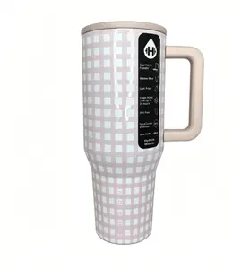 HydroJug 40oz Pink Gingham Tumbler with Handle Stainless Steel Insulated Cup for 24-Hour Cold Drinks Portable Travel Drinkware - Flasks Drinkware Flasks Lid Mug Bottles Water Bottles Water Bottles sublimation