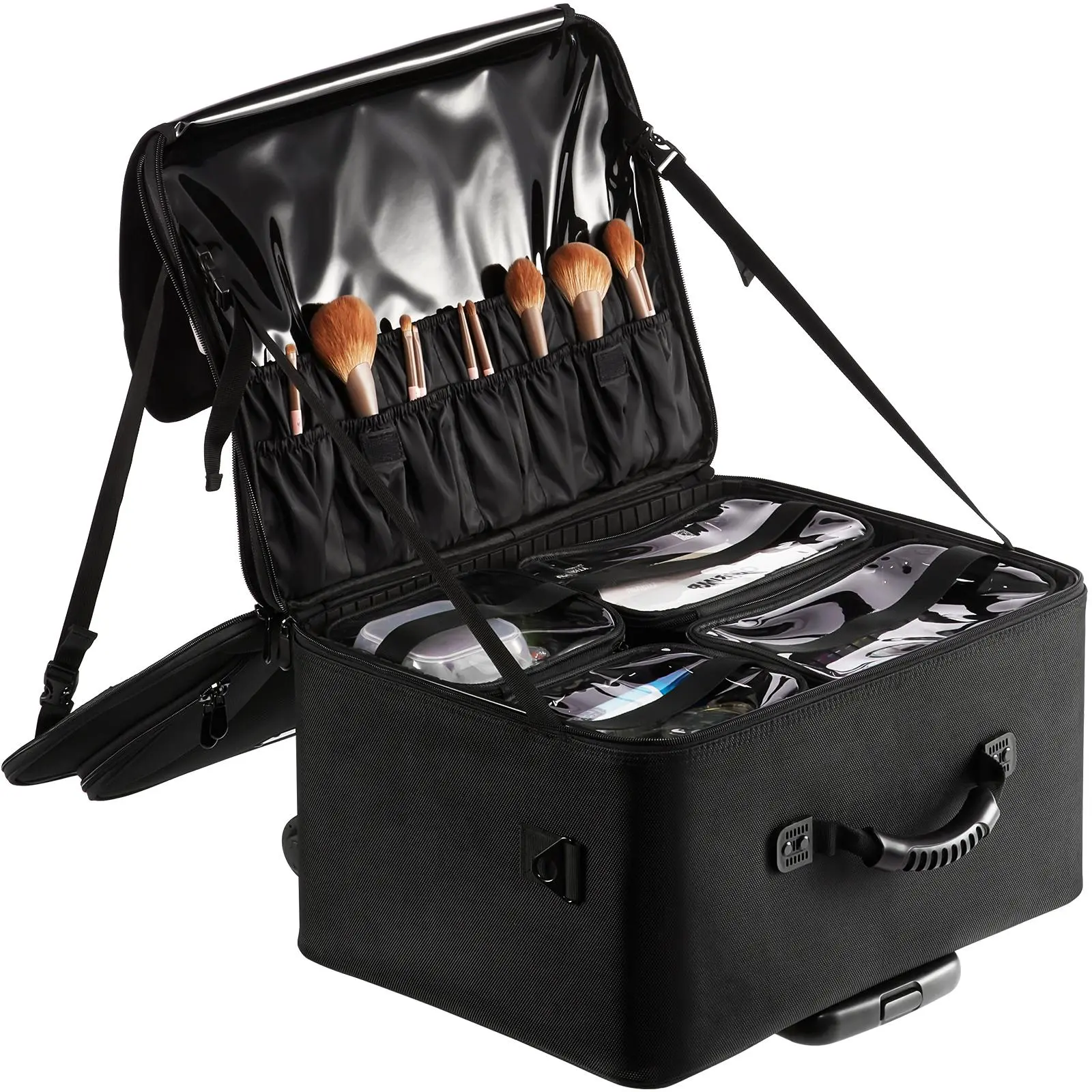 【summerfinds】VEVOR Rolling Makeup Train Case - Large 3-Tier Travel Cosmetic Bag, Waterproof Oxford Professional Organizer with Handle, Wheels, Strap for Convenient Carry, Black, Makeup Organizer Pouch, Travel Cosmetic Organizer, Large Make-Up Bags