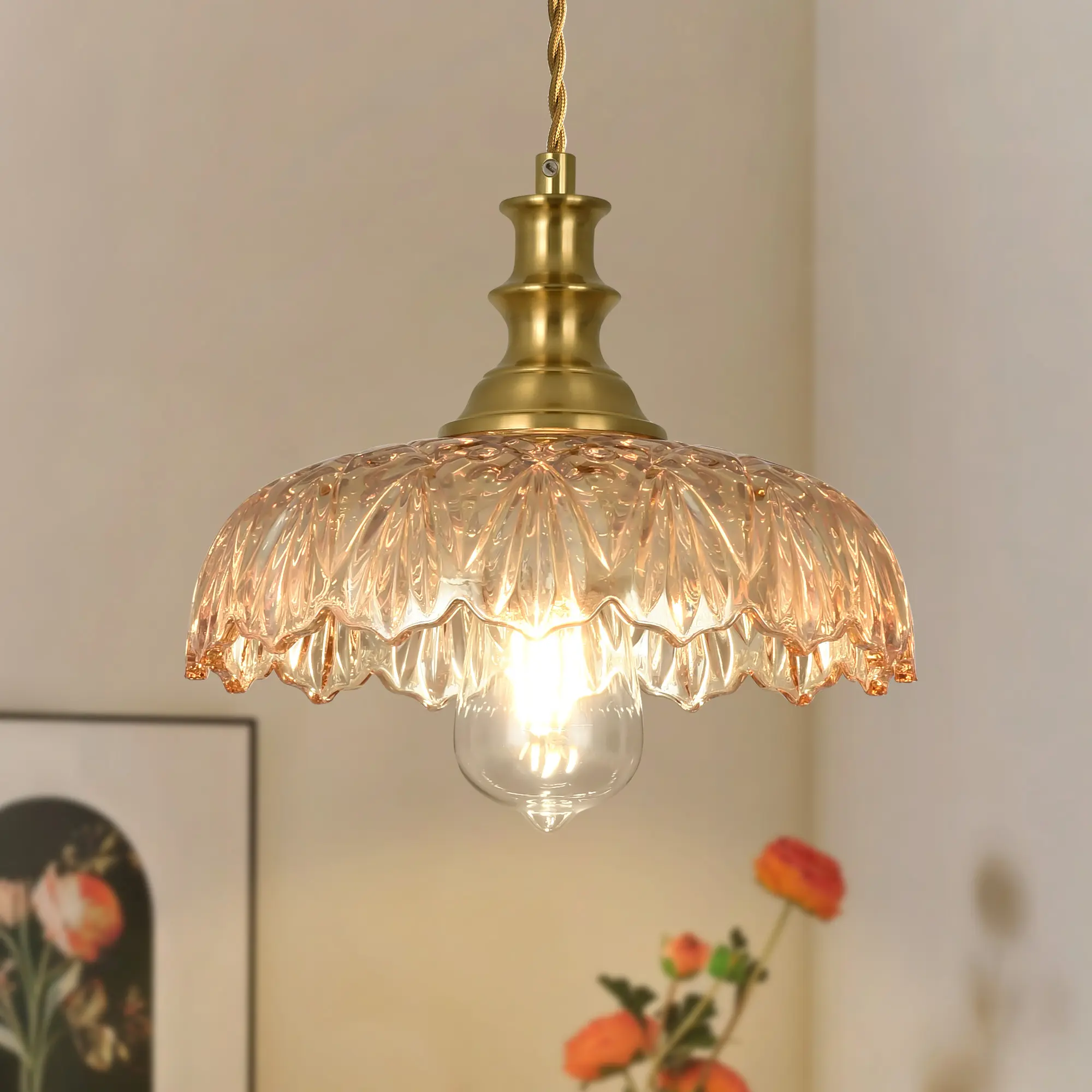 Vintage Glass Pendant Light，Boho Petal Ambient Light for Bedroom Over Sink Dining Room (1PACK)