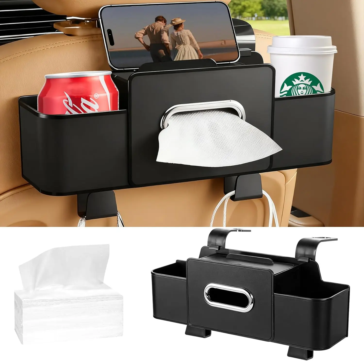 Large Capacity Multifunctional Car Seat Back Storage Box, for Household Family Travel & Outdoor Driving, Equipped with Tissue Holder, Double Cup Holders & Bag Hooks, Multi-Grid Car Organizer, Easy Installation Auto Storage Accessory