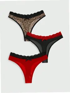 3 Piece Plus Size Panty Set Zebra Print Contrast Mesh Lace Trendy Lingerie