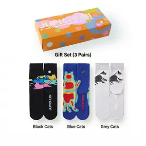 JUPICHUBI 3D CAT SOCKS | 3-Pair Funny Gift Set or Single Pair | Women Men Seamless Toe Combed Cotton | Woven Gray Blue Black | Cat Lover Gift (US 5.5-10)