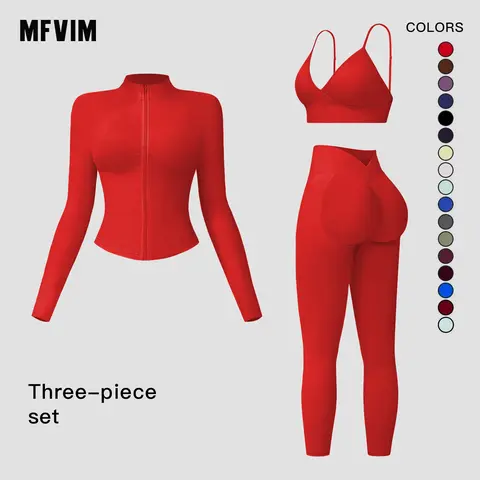 MFVIM Women's 3-Piece Yoga Activewear Set - Zip-Up Cropped Long-Sleeve Jacket, Adjustable Open-Back Sports Bra, High-Waisted Butt-Lifting Leggings, Nude-Feel Soft Gym Sets for Workout, Activewear Fitness & Gym Workout Apparel