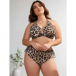 2026 New Plus Size Swimsuit for Women with Large Busts Sexy Leopard Print High Waist Two-Piece Triangle Bikini Beach Dress Set with Metal Accessories Perfect Gift for Friends & Relatives