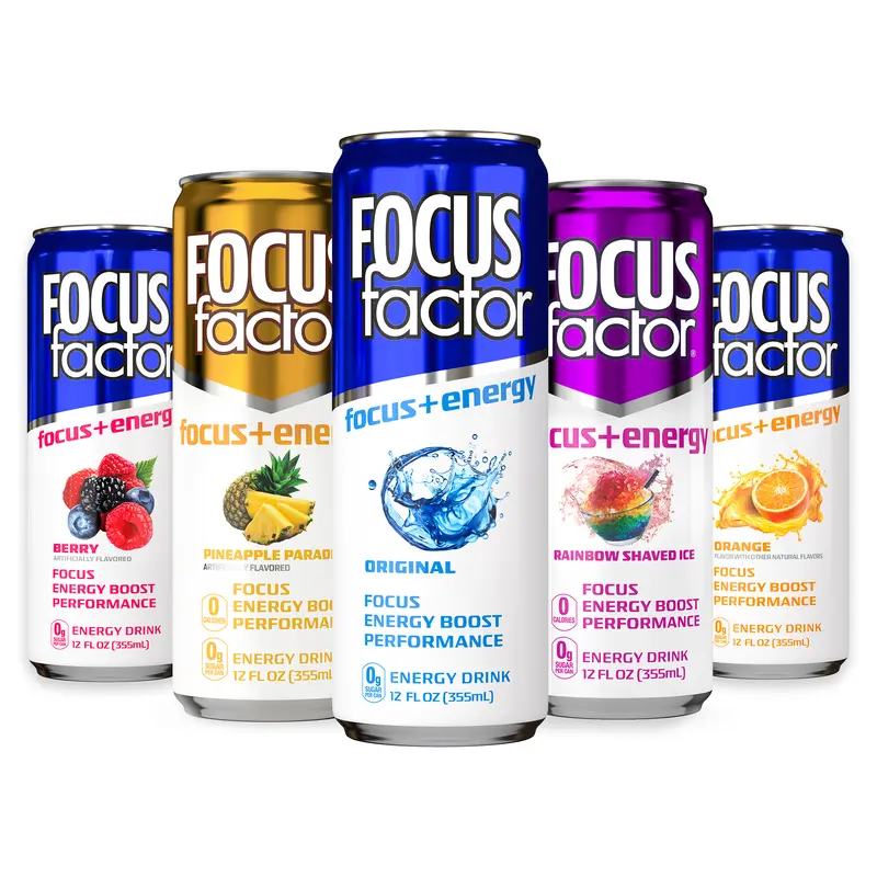 FOCUS FACTOR Focus + Energy Drinks - Zero Sugar - Pack of 12 - 120mg Caffeine - Nootropics & B-Vitamins - Original, Berry or Orange Flavor - for Focus, Energy, Productivity & Performance