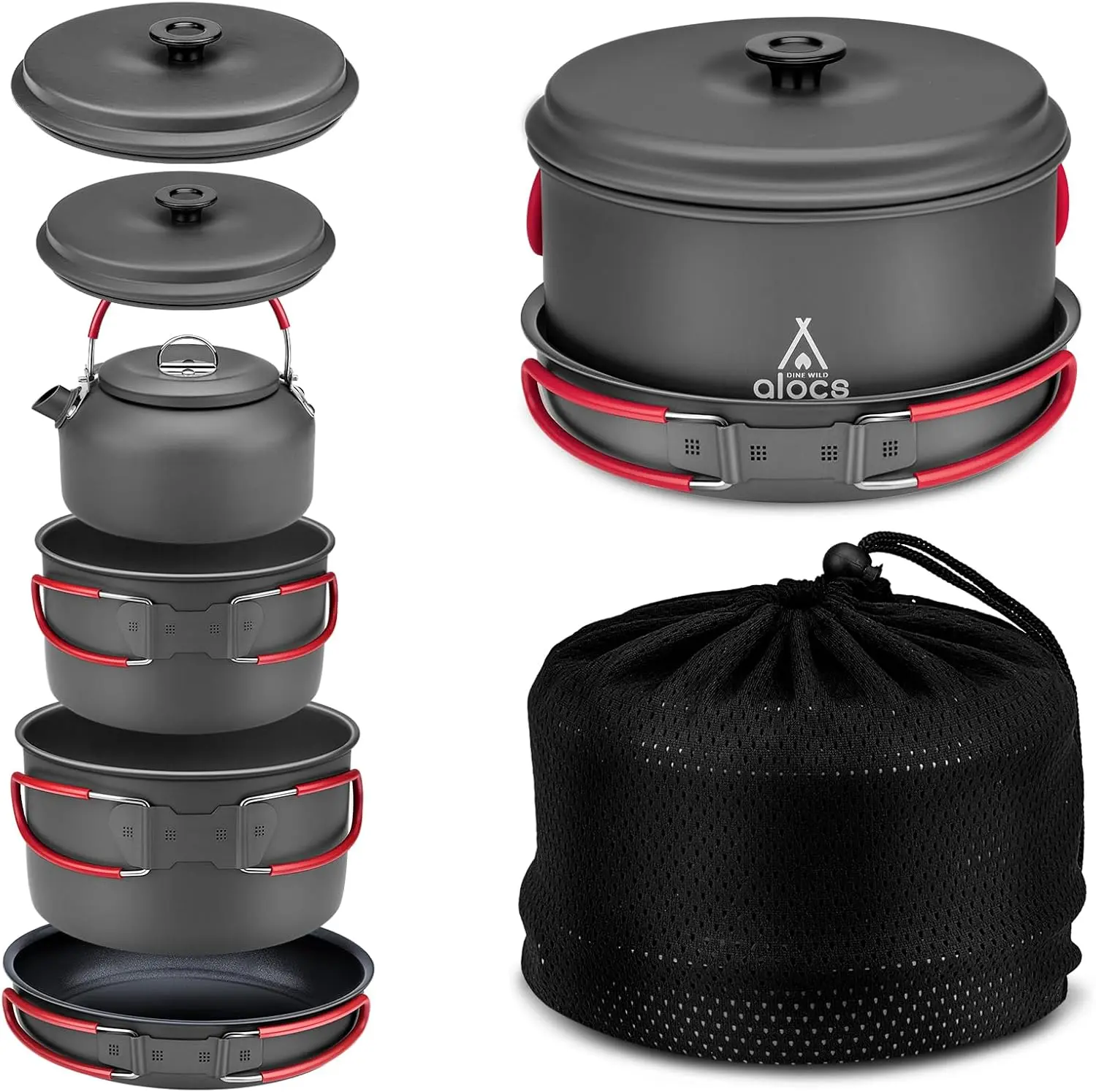 Alocs Camping Cookware Set Camping Gear, Compact Camping Pots and Pans Set, Durable Hard Alumina Camping Cooking Set for Outdoor Backpacking Camping Hiking Picnic, Included Mesh Carry Bag