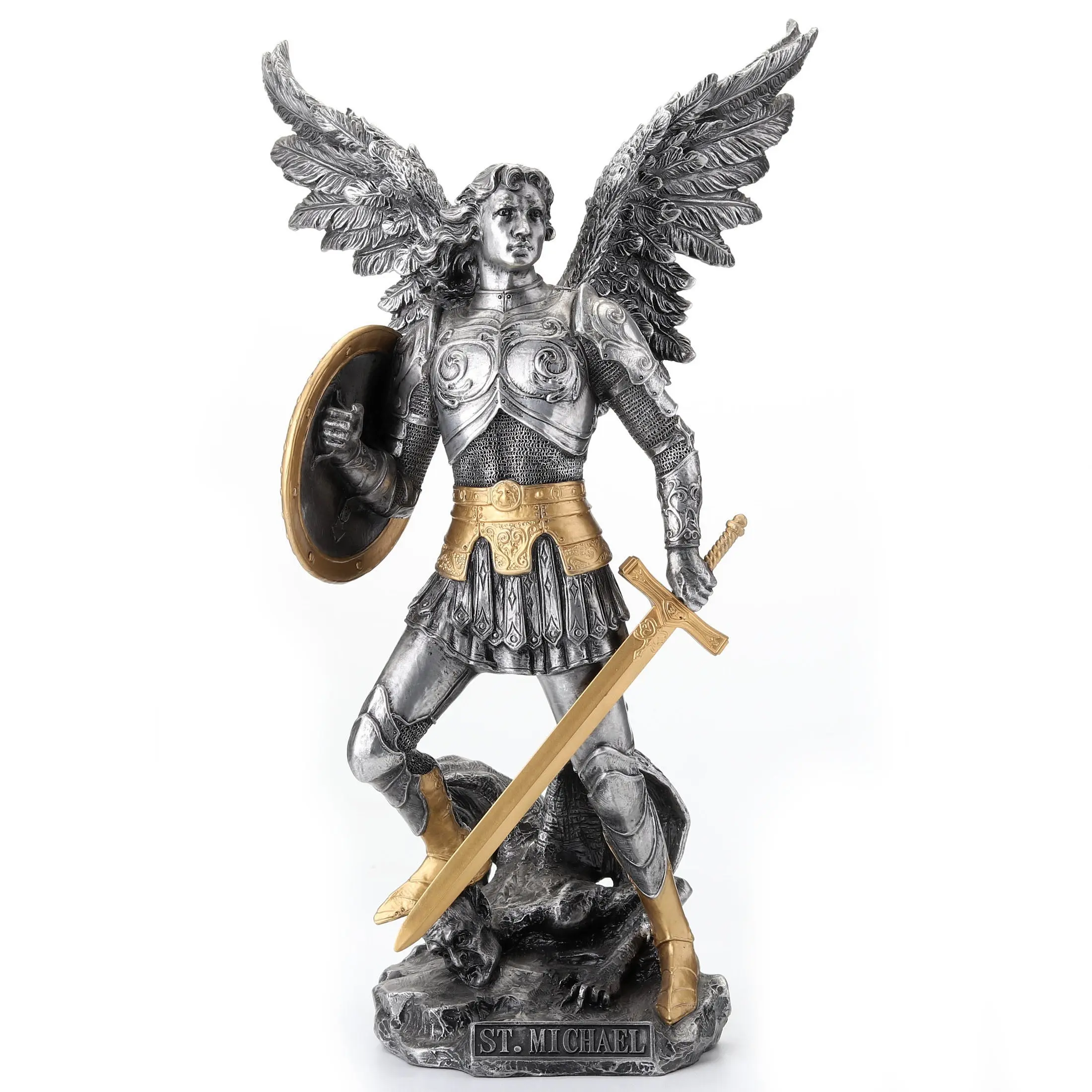 Saint Michael Archangel Statue (Pewter & Gold)