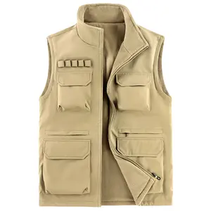 Men's Four-Season Warm Vest Reversible Wool Lined Polyester Fiber Regular Fit with Multiple Pockets Zipper Closure Casual Style Gilet Beige