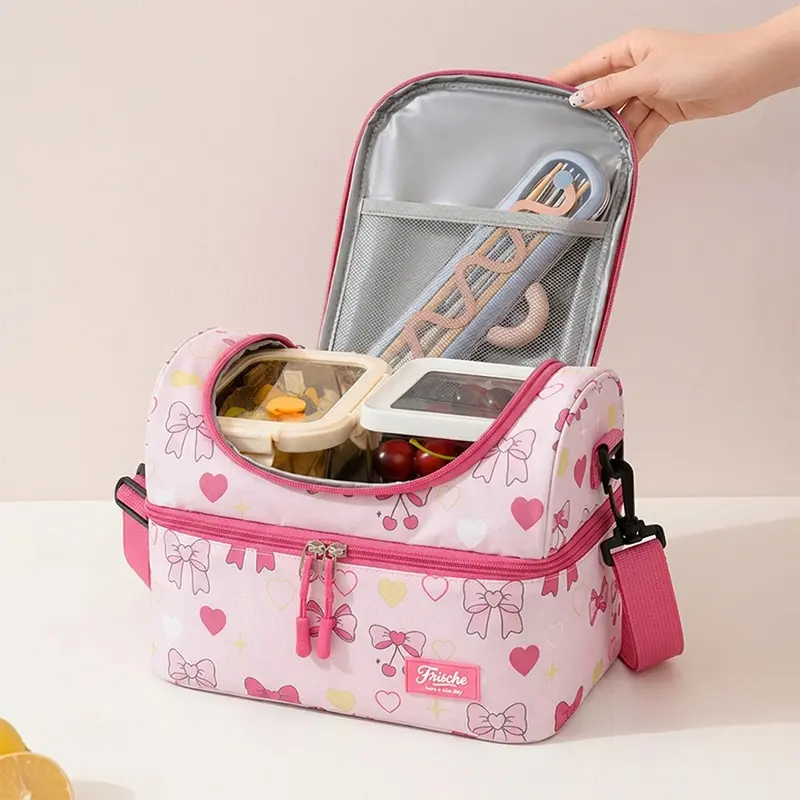 Polyester Cute Pink Bow Motif Cartoon Theme Insulated Lunch Bag, Dual-Compartment Thermal Lunch Tote with Detachable Strap, Reusable Cooler Bag for Girls School/Office