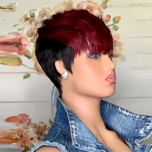 NEW Non-lace-wig Full short wavy pixie cut Synthetic Wig/bang ,color Burgundy 99J/ natural black