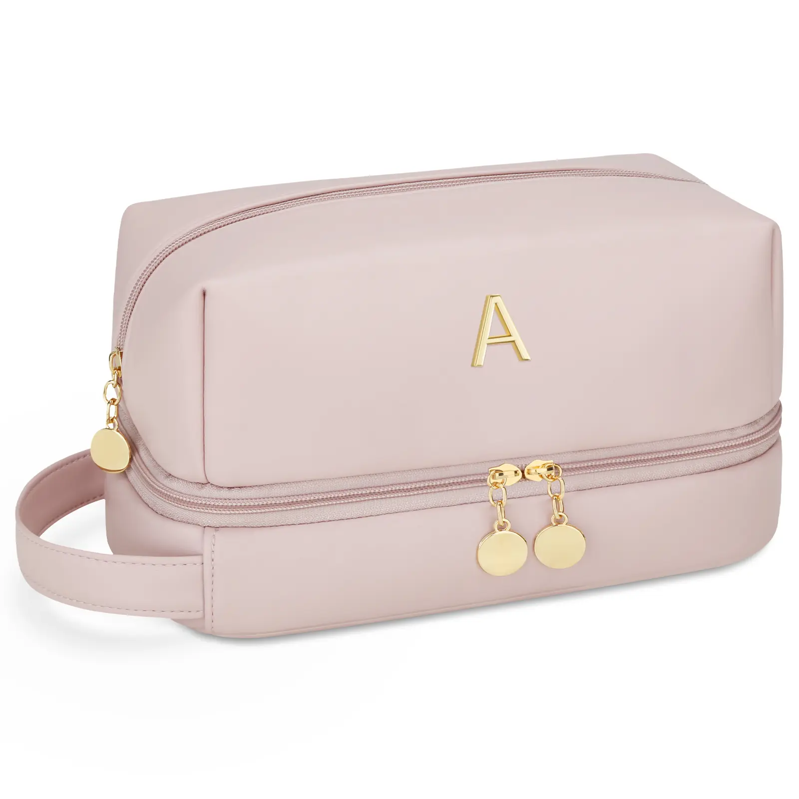 CLOUDWINGS Initial Makeup Bag for Women - Personalized Double Layer Cosmetic Bags with Makeup Brush Organizer, Hanging Travel Toiletry Bag with Large Capacity, Gifts for Mom Girlfriend Wife
