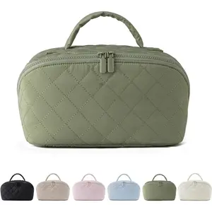 Makeup Bag,Quilted Make up Bag Set for Women,Travel Lay Flat Cosmetic Bags,Puffer Waterproof Toiletry Handbag