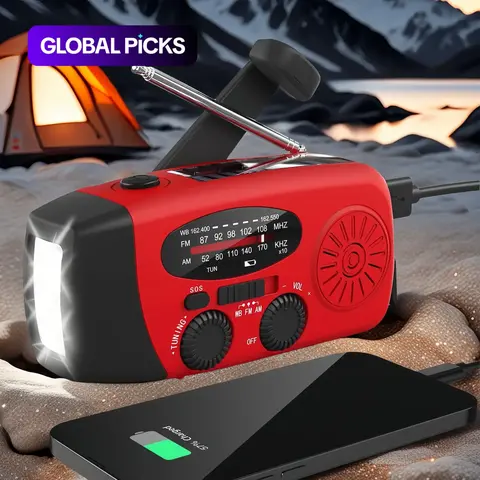 Solar, Hand Crank, and USB Rechargeable Emergency Radio with LED Flashlight for Camping, Hiking, and Outdoor Use #GLOBAL PICKS