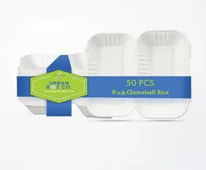Urban Box Co. 9x6 Inch Compostable Clamshell Containers, Heavy-Duty Biodegradable To-Go Boxes, Made from Eco-Friendly Sugarcane Bagasse, Disposable Takeout Containers for Food