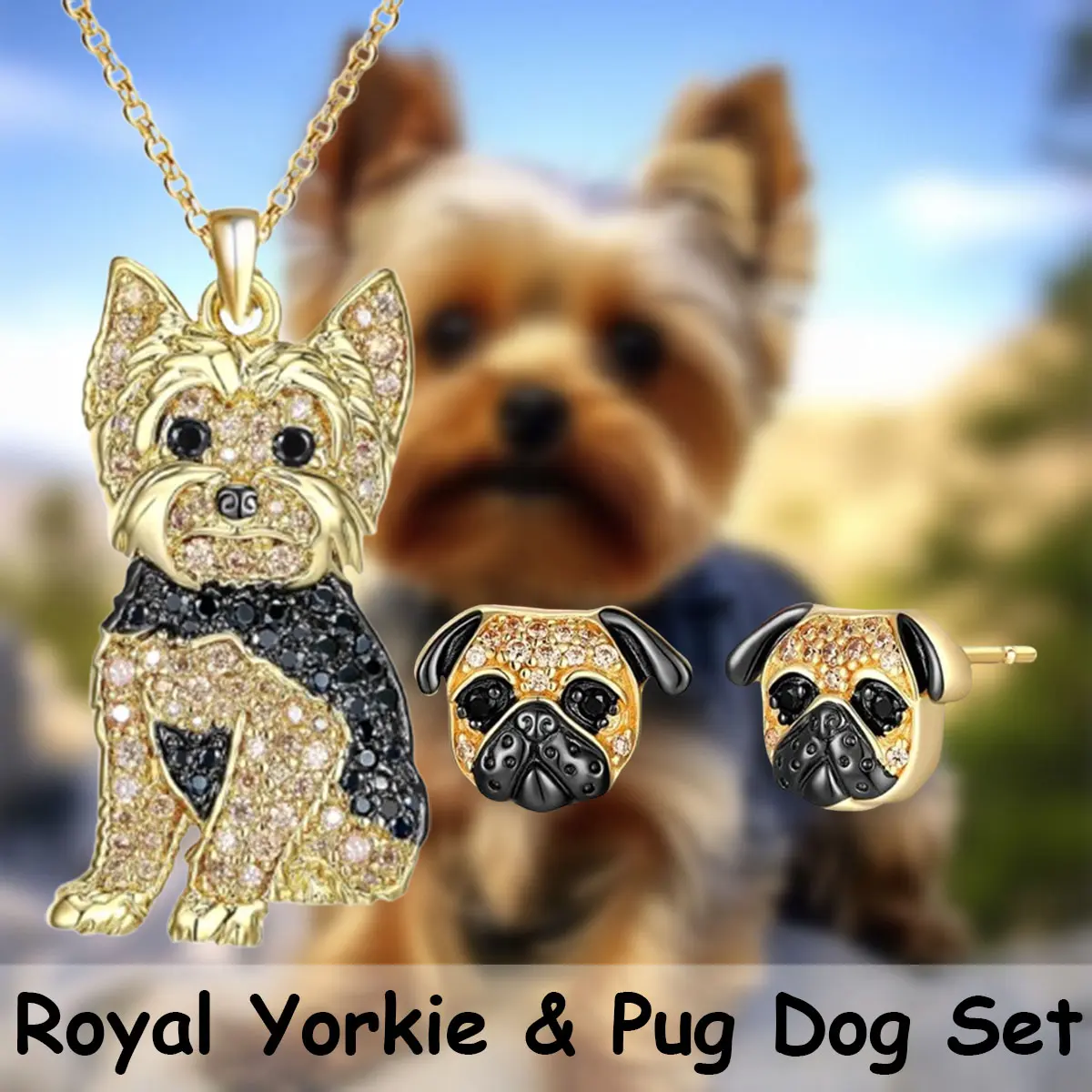 Elegant 3-Piece Pet Lover's Jewelry Set - Shimmering Golden Alloy Yorkie Necklace with Pug & Daily Wear Dog Stud Earrings, Daily Wear Earrings, Christmas, Animals, Anniversary, Animal Motif, Unisex Set, Birthday, Casual