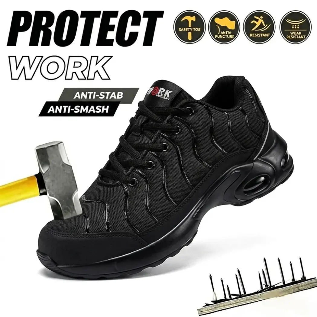 【BackToSchool】Men's Steel Toe Safety Athletic Shoes - Lightweight, Puncture-Resistant, Slip-Proof Black Shoes with Elastic Breathable Mesh Upper, Cushioned Ankle Collar, Round Toe, Laces for Construction, Carpentry Work#TikTokShopBackToSchool