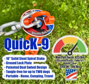 QuicK-9 - Dual Swivel Double Dog Tie Out Stake - Up to 425lbs - 16" Heavy Duty Dog Tie Out