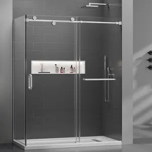 60x76 in Frameless Sliding Shower Door with 32x76 in Side Panel, Nano Glass, 304 Stainless Steel in Light Chrome, L-Shape Design, O Handle, Reversible Install