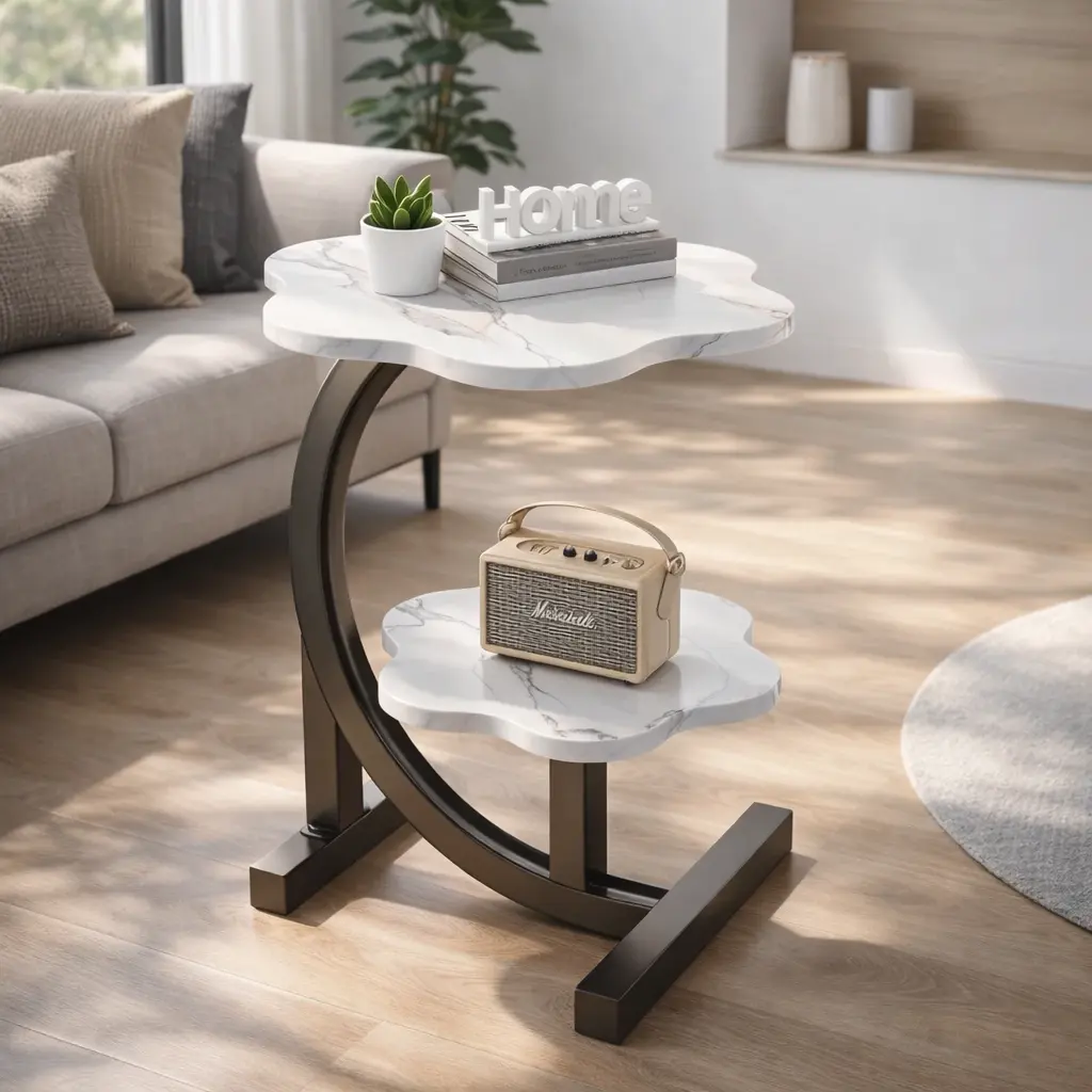 Modern 2-Tier Marble Side Table, Black Faux Marble Accent End Table with Curved Metal Frame, Small Sofa Side Table for Living Room, Bedroom & Apartment, Stylish Storage Coffee Table for Small Spaces