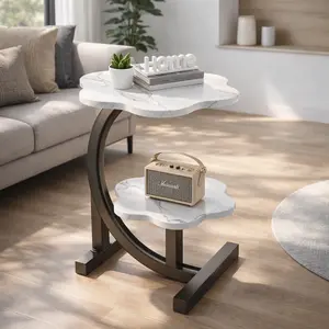 Modern 2-Tier Marble Side Table, Black Faux Marble Accent End Table with Curved Metal Frame, Small Sofa Side Table for Living Room, Bedroom & Apartment, Stylish Storage Coffee Table for Small Spaces