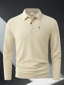 Needle Cross Advanced Sensation Explosion! 100% polyester fiber men's long sleeved polo shirt [Business, Leisure, Casual], one piece for multiple occasions, men's striped long sleeved polo shirt, Geometric, comfortable enough not to take off 👕 Menswear