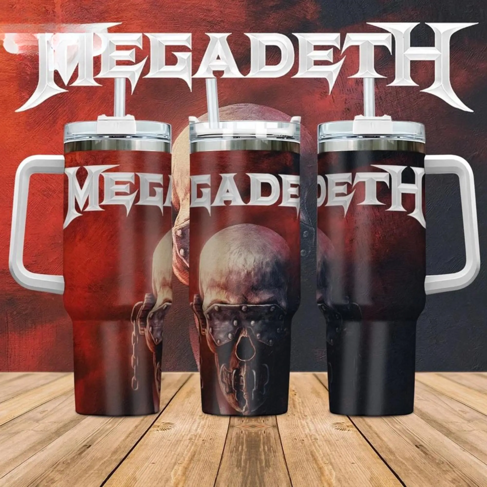 Megadeth VicRattlehead 40oz Tumbler with Handle, Heavy Metal Band Stainless Steel Travel Mug, Vintage Thrash Metal Drink Cup, Rock Music Fan Gift, Double Wall Insulated Coffee Tumbler, Collectible Band Merch