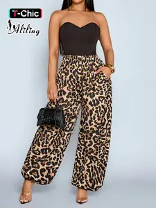 Women's Summer Leopard Print High Waist Elastic Waist Wide Leg Pants, Casual Fitted Long Pants with Pockets, Daily Wear Fashion Boho Fashion Trousers, Casual Pocket Design