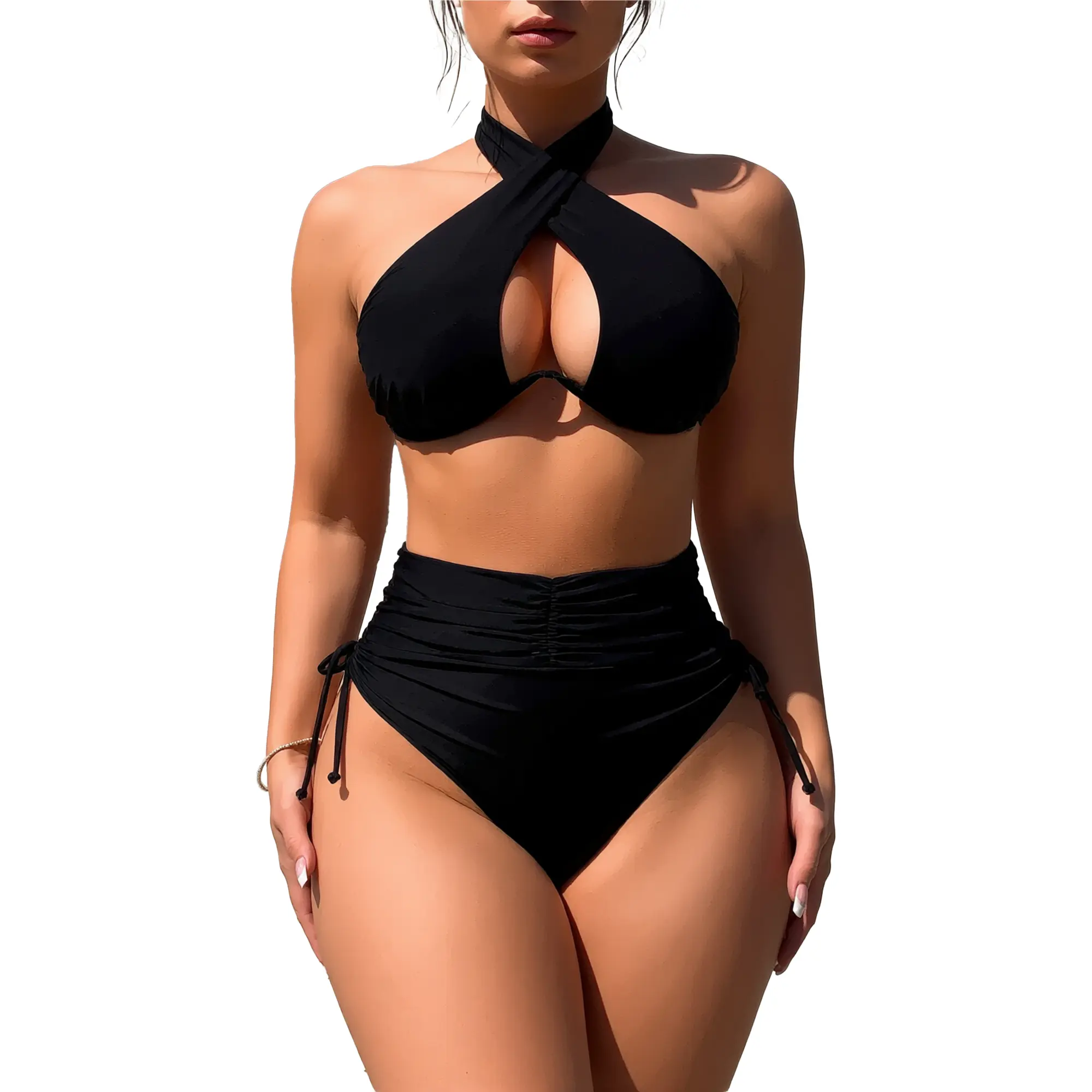 Women's Halter-Style Stretch-Fit Bikini Set - Crisscross Halter, High-Waisted Cutout Ruched Tummy Control Bottom, Solid Knit Swimwear for Sports & Outdoor Use, Halter-Style Bikinis Set, Stretch-Fit Bikinis Set