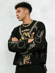 Men's Long Sleeve Cross Print Graphic T-Shirt, Gold Chain Gesture Street Style Streetwear Loose Fit Top, Trendy Casual Fashion Tee for Men, Menswear