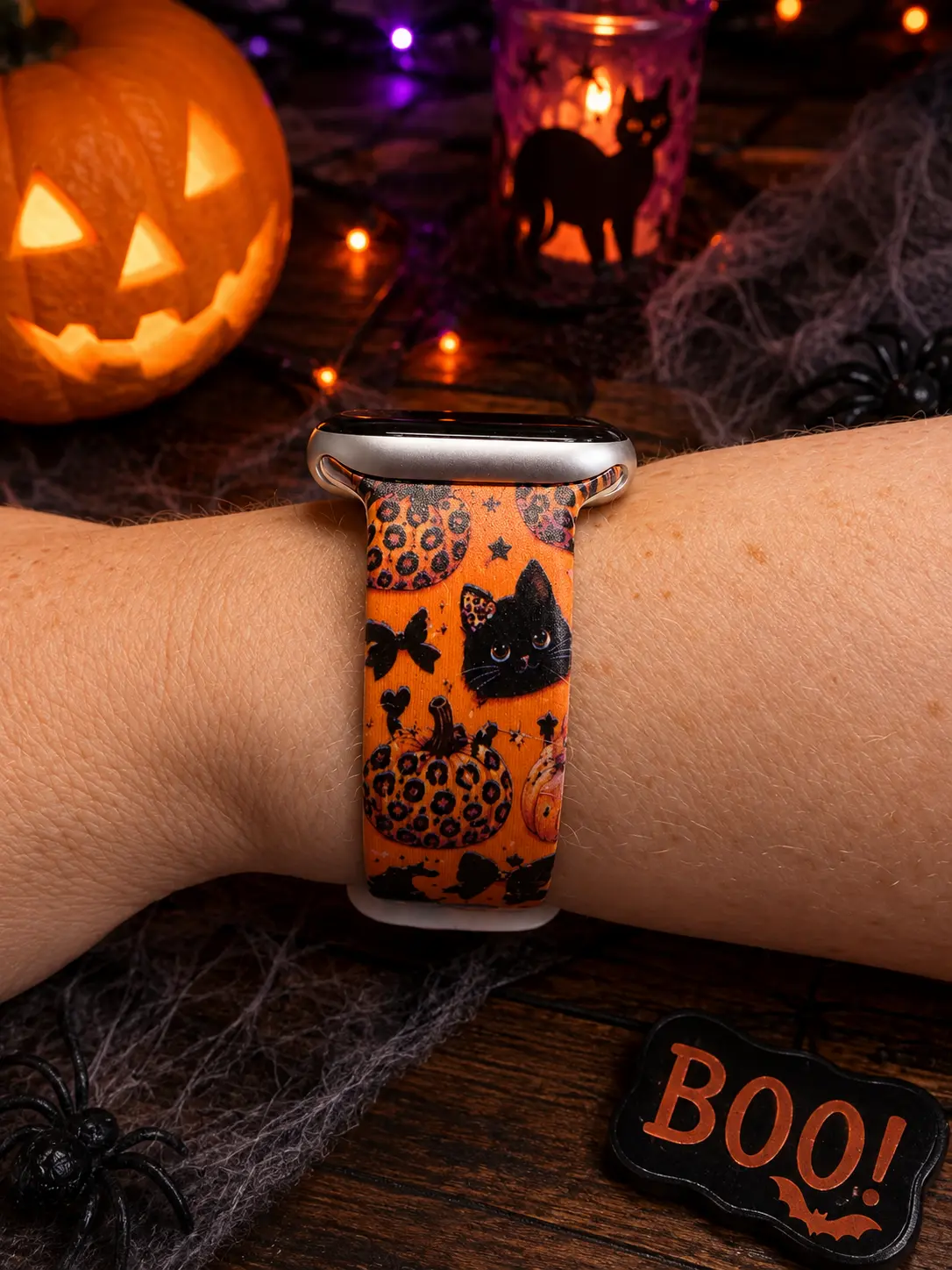 Orange Leopard Halloween Cats & Pumpkins Watch Band
