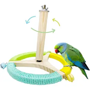 Bird Perch Toy with Bells Parrot 360° Interactive Rotating Toy Stable Wooden Stand for Conures Parakeets Cockatiels Lovebirds Cage Accessories