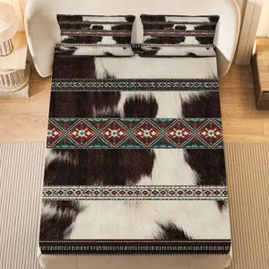 3Pcs Cowhide Geometric Rustic Fitted sheet Three Piece Set (1*Fitted Sheet+2*Pillowcases, Coreless), Western theme, Ethnic Pattern Bedding Set, Mattress protector Soft, Breathable