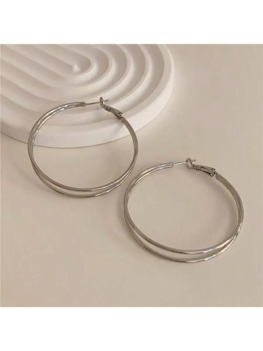 Women's Japanese Style Minimalist Double-Layer Hoop Earrings, Metal-Coated Studs, Elegant Concise Fashion Costume Jewelry, Versatile for Daily Wear, Luxurious Look Basic Accessory, Japanese Earrings, Metal Coating