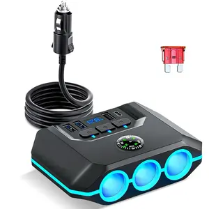 Cigarette Lighter Splitter, 120W Car Charger Adapter with USB & PD, 7 in 1 Multi Port Power Plug with Independent Switches & LED Voltage Display for 12V- 24V Vehicles (3.3FT Cable)