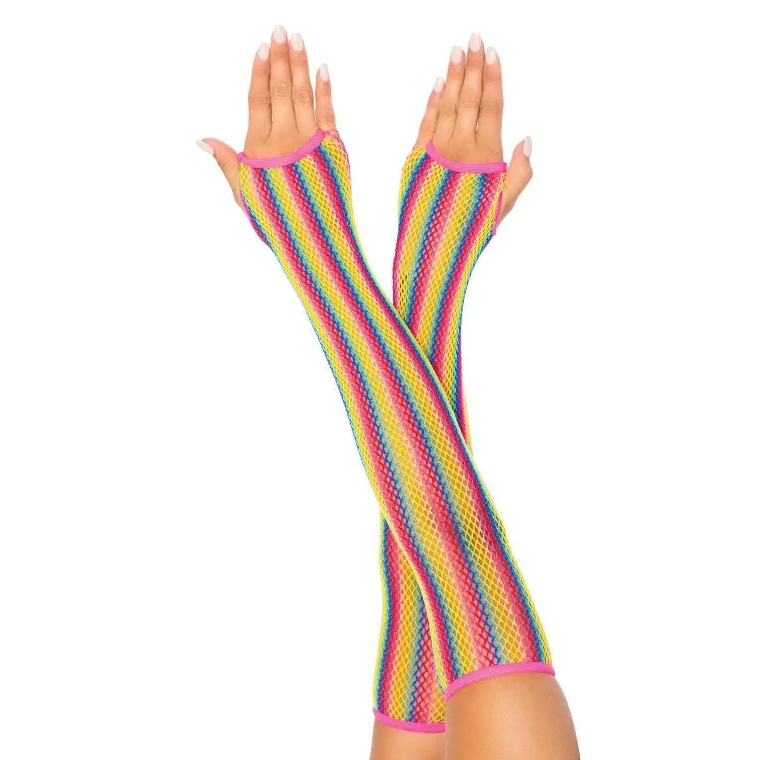 Fishnet Mesh Women's Fingerless Arm Warmer Gloves, Rainbow-Striped Nylon Fashion Accessory for Pride, Festivals, Fishnet Mesh Women's Gloves