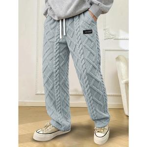 Men's Oversize Cotton Thermal Pants - Striped, Coral-Textured, Heavy-Duty, Elastic Waist & Cuff, Loose Straight-Leg, Hand-Washable Beige Trousers for Skiing, Casual Wear