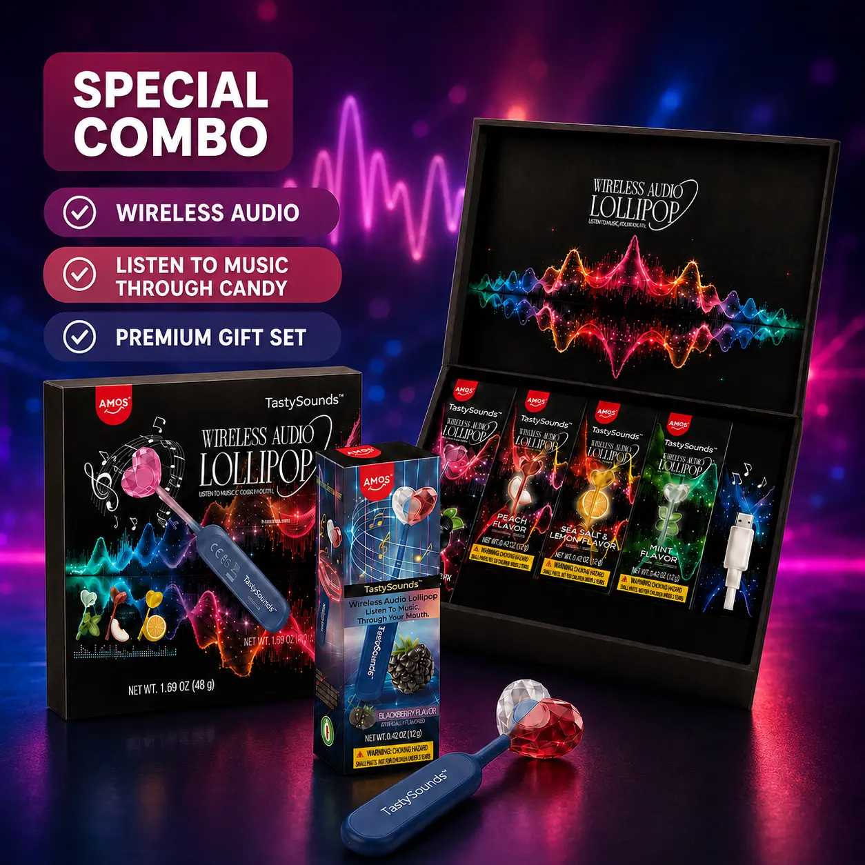 AMOS TastySounds Wireless Audio Lollipop Gift Set, Listen to Music Through Candy, MultiFlavor Novelty Candy Combo with Rechargeable Audio Device for Gifts