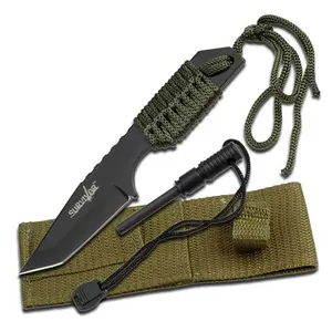 Survivor Fixed Blade Knife Black Tanto Blade 3" 4MM, Cord-Wrapped Handle, comes with Fire Starter 7-Inch Overall - HK-106320