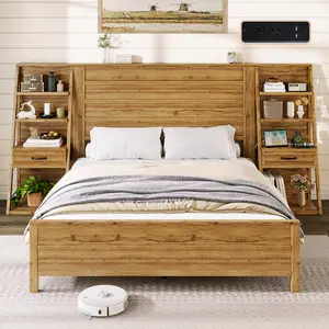 [Ships in 2 Boxes] VanAcc Bed Frame with Bookcase Headboard & 4-Tier Bedside Shelf, Farmhouse Platform Bed with Charging Station and 2 Drawers, No Box Spring Needed, Unique Bedroom Furniture
