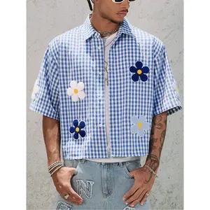 Men's floral embroidered short sleeved checkered shirt, summer casual street retro golden pattern button top, daily wear men's clothingRAIMENTRY